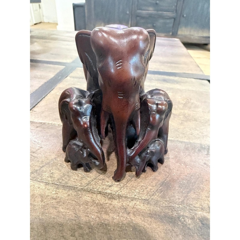 Vintage Hand-Carved‎ Rosewood Elephant Family Statuette